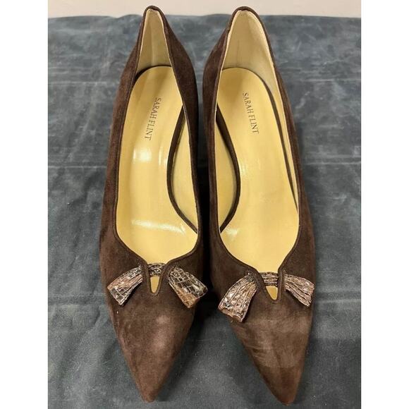 Sarah Flint Brown Suede & Snakeskin Bow Heel Pumps Size 11 US / 42 EUR - Picture 2 of 9